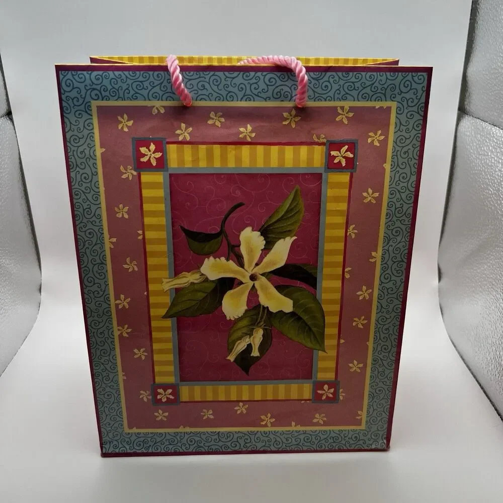 Vintage 2001 Pizzazz Floral Gift Bag Pink Blue Yellow Rope Handles Medium